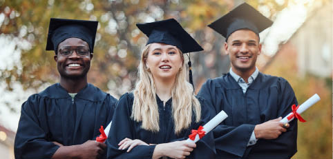 Education, arms crossed and portrait of friends at a graduation for future success, school certific.